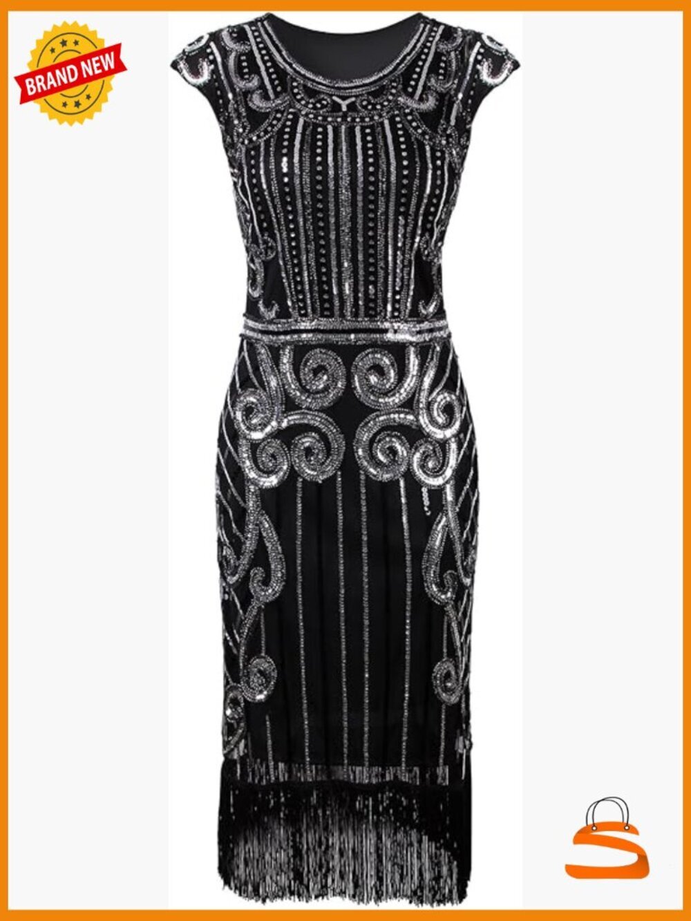 Sequin Fringe Gatsby Flapper Dress Cowl Neck Cap Sleeve Fit & Flare